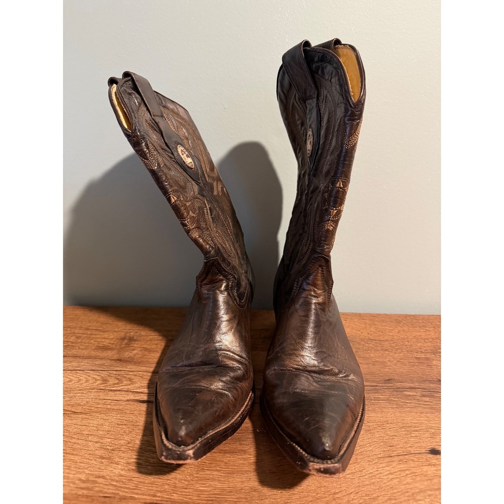 Las Trankas Brown Leather Western Cowboy Boots Pointed Toe Stitched Detail Rodeo